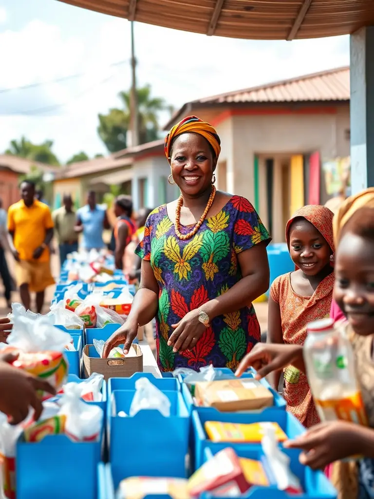 An SPME graduate leading a community outreach program, organizing a food drive and engaging with local residents in need.